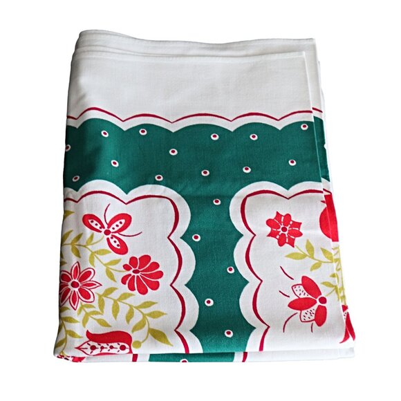 Vintage 1950s Floral Tablecloth MCM Cotton Blend Green & Red With Scallope - Picture 5 of 5